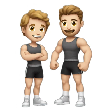 To belt Actively gesturing  with hands Pale skinned Fit Man With the biceps and brown hair in dark gray Sleeveless Mike, black oversize sports shorts, watch and white Sneakers sticker
