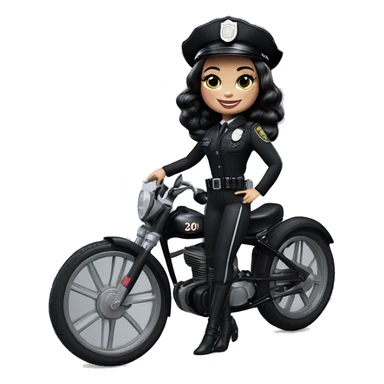 Bouclé Beauty Barbie, Wednesday Addams from academy, in vertically-striped dark-gray and black police officer’s uniform with small hat. Leaning back at the hips, riding a wheelie on a hot rod bike smiling  sticker