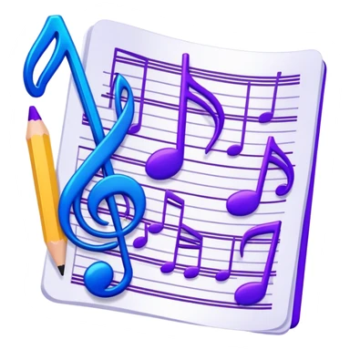 Emoji that represents music track writing. The design should feature a music composition sheet with musical notes and lyrics, a digital audio workstation (DAW) interface or soundwaves, and a pencil or pen to symbolize the writing process. Add a touch of technology with subtle elements like sound mixing sliders or waveform graphics. Use a blend of vibrant and inspiring colors, such as electric blue or neon purple, to evoke a sense of creativity and innovation. The background should be transparent. sticker