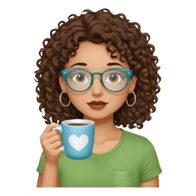 White girl with dark brown curly hair, brown eyes, sky blue glasses, nose piercing septum, green t shirt, drinking coffee from a cup sticker