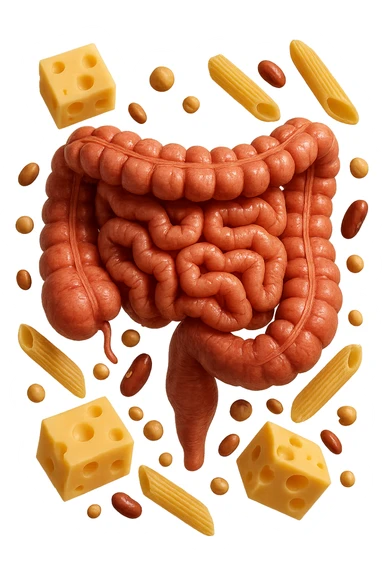 PEZZETTI DI EMMENTAL, PENNE DI PASTA RIGATE E LEGUMI FLUTTUANO INTORNO AD UN INTESTINO UMANO ANATOMICO REALISTICO, iperrealistico 4k sticker
