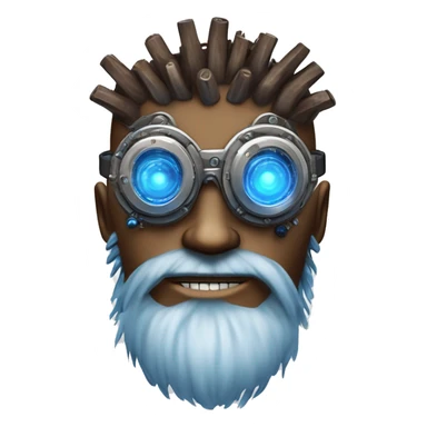 Brown cyborg head with blue Mohawk, blue beard, silver steampunk monocle goggles a smile and circuits sticker