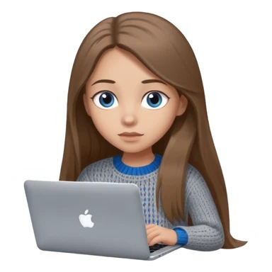 moji of a cute 3D girl with long straight brown hair and big blue eyes, wearing a grey knitted sweater. She is typing on a silver MacBook laptop, white background. sticker