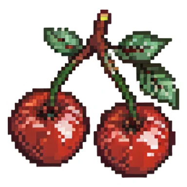 Pixel art of two red cherries on a brown branch with green leaves sticker