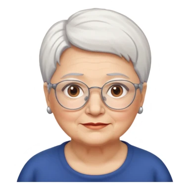 Create me emoji of an old mid-fat lady. Short white hair to left side. Square glasses. Brown eyes. Without any earings. Long head sticker
