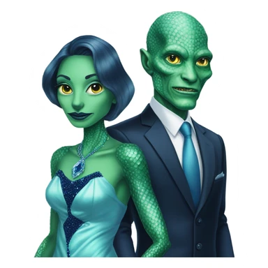 reptilian alien green skin woman, in long slim pastel blue formal party satin dress with gradient shiny sparkling navy blue diamonds embroidered , and caucasian man in black dres sticker