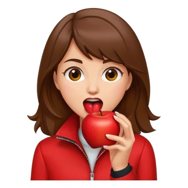 Brown haired woman in red jacket biting into a red apple sticker