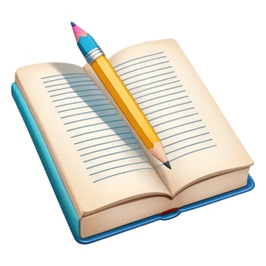 Illustration icon, pencil and paintbrush under illustrated page of book, colorful sketch, simple lines, minimalistic style, transparent background. sticker