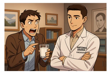 fai un webtoon manga a colori con questo stile, in cui un uomo chiede al kinesiologo con il camice bianco (fagli anche la scritta "ANTONIO ANANIA" SUL CAMICE, una domanda e il kinesiologo gli risponde, L'UOMO INDICA IL BICCHIERE DI LATTE CHE HA IN MANO ED è MOLTO ALLARMATO NEL FARE LA DOMANDA. non fare i fumetti però, fai solo in modo che sembri stiano parlando sticker