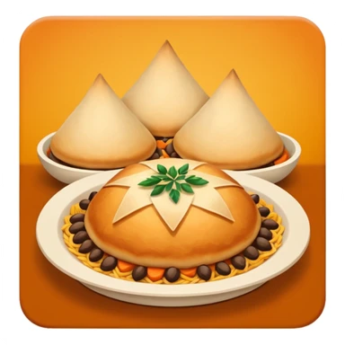 Uzbek cuisine humanless avatar in bright illustration. Classic dishes like plov and samsa, warm golden and earthy tones, simple shapes, flat design, high contrast, friendly and appetizing. sticker