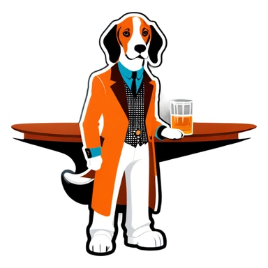 Hound dog in tangerine and white clothes at a whiskey bar sticker