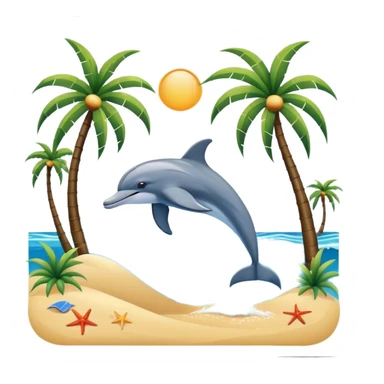 A beach scene with palm trees and a dolphin jumping out of the water sticker