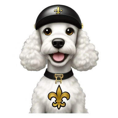 White poodle wearing a black football helmet with gold stripe and gold fleur de lis emblem sticker