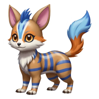 Brown and white-striped Colorful Skilled Adept Graceful Asian Painted WereGarurumon-Meloetta-Ursaring-Furret-fusion-hybrid-creature (full body) with blue rings around eyes, tufted orange ears sticker