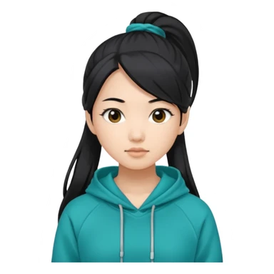 generate an asian female with long black hair in a ponytail and a teal hoodie sticker