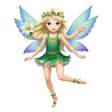 A winged flower fairy white skin girl, wearing a short skirt, one leg straight and the other bent, her body tilted, in a flying pose. sticker