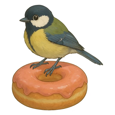 ghibli style great tit bird perched on a donut sticker