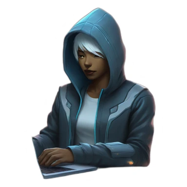 netrunner from cyberpunk with laptop in back hoodie and white skin sticker