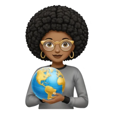 a young woman wearing gold round glasses and black afro hair, she has light black skin, she's wearing a professional sweater and she's holding a globe in her hand sticker