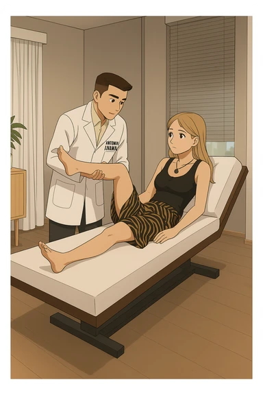 fai un webtoon/manga a colori con questo kinesiologo in camice bianco (fagli la scritta "ANTONIO ANANIA" SUL CAMICE) CHE SVOLGE UN TEST NEUROMUSCOLARE SOLLEVANDO UNA GAMBA ALLA RAGAZZA CHE è STESA SU UN LETTINO BIANCO. STANZA SEMPLICE E MODERNA, DURANTE IL TEST I DUE DIALOGANO TRA LORO. NON FARE I FUMETTI, FAI SOLO LORO COME SE DIALOGASSERO sticker