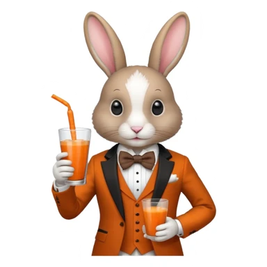 rabbit wearing suit, bowtie and top hat, holding glass of carrot juice sticker
