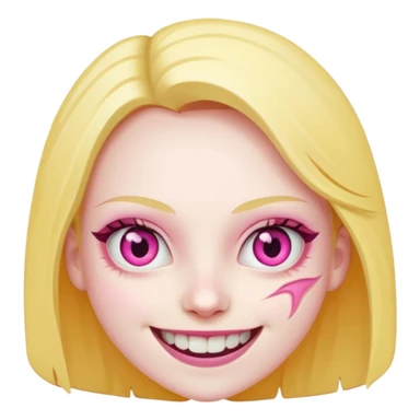 face with a wide slasher smile, pink and yellow eyes, slightly tilted sticker
