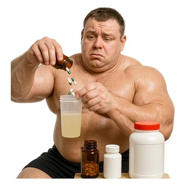 realistic beginner bodybuilder mixing pills and liquids from various bottles, confused look, swollen muscles but puffy face and glossy eyes, white background, 4K quality sticker