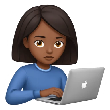 The central figure is an emoji of a person with dark hair with laptop sticker