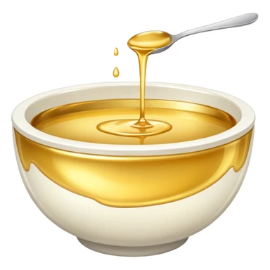 white bowl of gold liquid, shiny, smooth, no spoon, simple, clear sticker