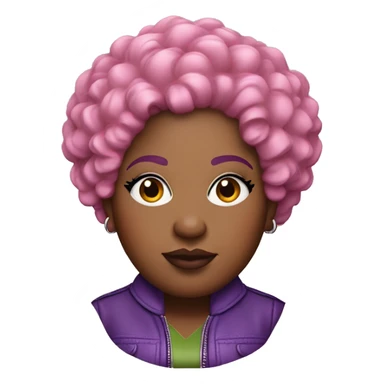 Plus size black woman with very short pink curly hair and a purple leather jacket with makeup on face. sticker