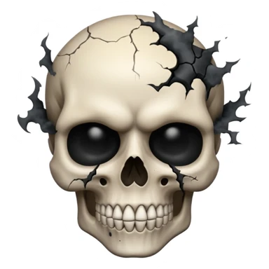 iOS style emoji, dark fantasy skull, cracks, black smoke from eyes, soft light, stylized sticker