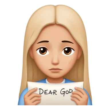 Person writing "Dear God" on paper with hopeful tearful expression sticker
