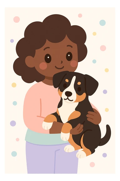 dark-skinned woman holding an Entlebucher Sennenhund, big eyes, cheerful, simple background sticker