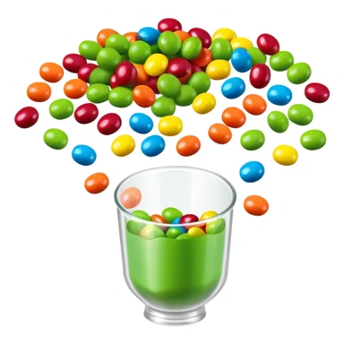 Regular colorful rainbow Skittles candy package spilling only green round candies, standard colorful Skittles packaging with only green Skittles coming out sticker