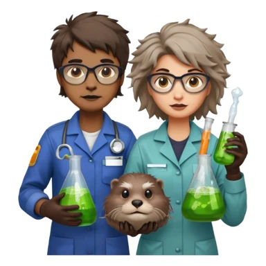 an otter disguised as a woman garbage collector next to a man mad scientist sticker