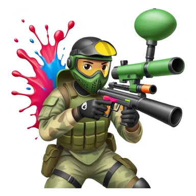 A paintball player in full gear, aiming a paintball gun with focus and determination. The scene includes vibrant splashes of paint and a dynamic battlefield setting, emphasizing action, strategy, and teamwork in a competitive environment sticker