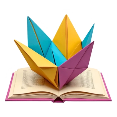 3D render of Pop-Up Book entirely of folded origami paper, sharp creases, cardboard texture, matte finish, visible paper grain, craft aesthetic, sticker