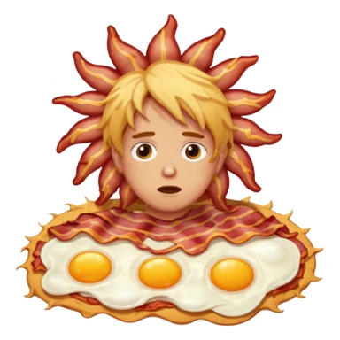 A sun made out of eggs and bacon in the background of someone waking up  sticker
