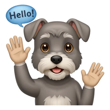 Happy Schnauzer waving hello. A speech bubble with HELLO sticker