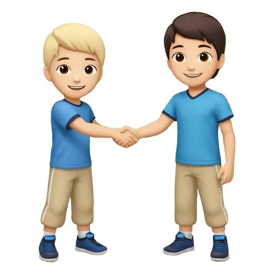 A cute 4-year-old Japanese boy with a big proud smile, shaking hands with another boy to make up after a fight, in a sunny park. Toys on the ground, both looking happy and relieved, warm friendship vibe, cartoonish style, vibrant colors, high detail. sticker