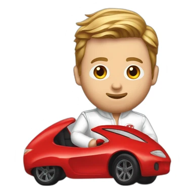Ryan Gosling in white Racing Suite is driving a tiny red car sticker