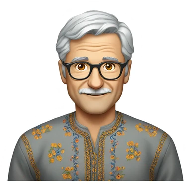 European gray-haired man in a Ukrainian embroidered shirt, glasses, no mustache sticker