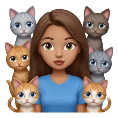 a pretty bratz dusky light skin girl with long brown hair, blue eyes with six cats nd wearing a grey tshirt sticker
