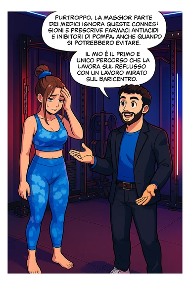 TRASFORMA QUESTO CAROSELLO IN UN FUMETTO STILE WEBTOON/MANGA A COLORI CON QUESTE DUE PERSONE IDENTICHE CHE INTERLOQUISCONO TRA LORO, L'uomo sta spiegando alla donna questo concetto MENTRE LA DONNA SI TIENE la mano sulla fronte sconcertata:

LUI (UOMO): Purtroppo, la maggior parte dei medici ignora queste connessioni e prescrive farmaci antiacidi e inibitori di pompa, anche quando si potrebbero evitare.
Il mio è il primo e unico percorso che lavora sul reflusso con un lavoro mirato sul baricentro; sticker