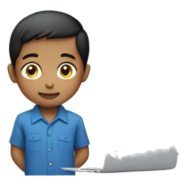 indonesian boy wearing a blue workshirt working on macbook sticker