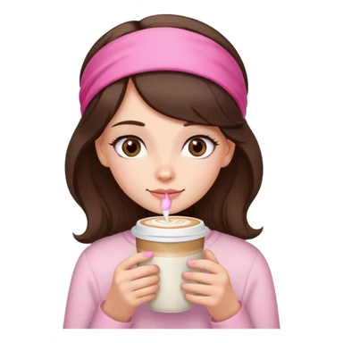 brunette girl with hazel eyes drinking latt, hair just below shoulder length and with a pink headband in her hair  sticker