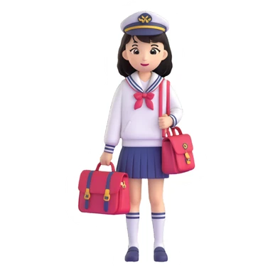 Cute Japanese female high school student in sailor uniform carrying a school bag sticker