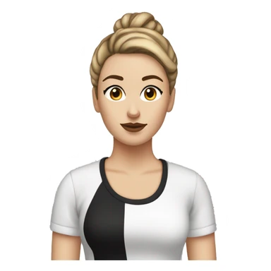 White girl with slick bun straight brown hair very thick black eyebrows wearing a Tshirt  sticker