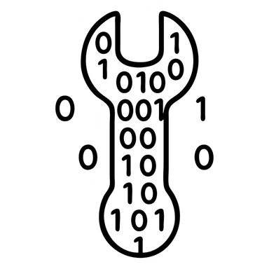 A wrench tool made out of binary code, with 0s and 1s flowing through and forming the shape of a wrench sticker