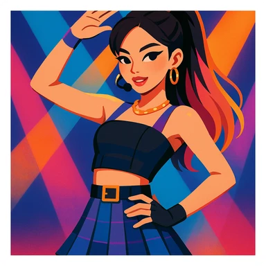 K-pop girl, stylish stage outfit, trendy hair, confident pose, modern pop style, vibrant toon style, colorful, dynamic lighting sticker